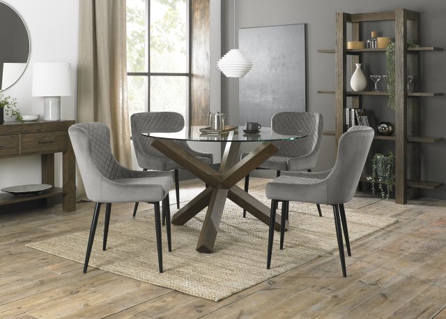 Premier Collection Turin Clear Tempered Glass 4 Seater Dining Table with Dark Oak Legs & 4 Cezanne Grey Velvet Fabric Chairs with Sand Black Powder Coated Legs