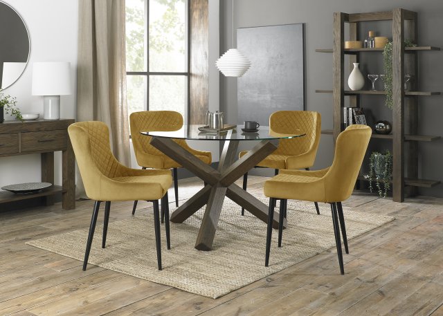Premier Collection Turin Clear Tempered Glass 4 Seater Dining Table with Dark Oak Legs & 4 Cezanne Mustard Velvet Fabric Chairs with Sand Black Powder Coated Legs