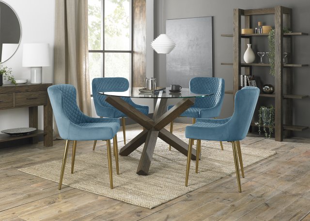 Premier Collection Turin Clear Tempered Glass 4 Seater Dining Table with Dark Oak Legs & 4 Cezanne Petrol Blue Velvet Fabric Chairs with Matt Gold Plated Legs