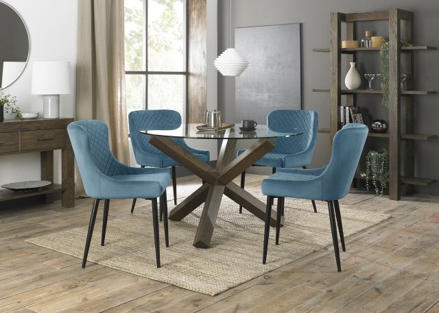 Premier Collection Turin Clear Tempered Glass 4 Seater Dining Table with Dark Oak Legs & 4 Cezanne Petrol Blue Velvet Fabric Chairs with Sand Black Powder Coated Legs