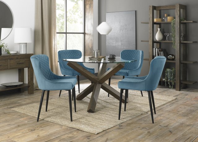 Premier Collection Turin Glass 4 Seater Table - Dark Oak Legs & 4 Cezanne Petrol Blue Velvet Chairs - Black Legs