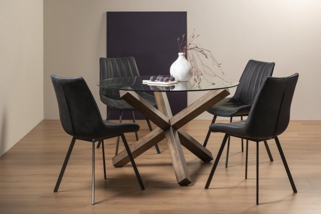 Premier Collection Turin Glass 4 Seater Table - Dark Oak Legs & 4 Fontana Dark Grey Faux Suede Fabric Chairs