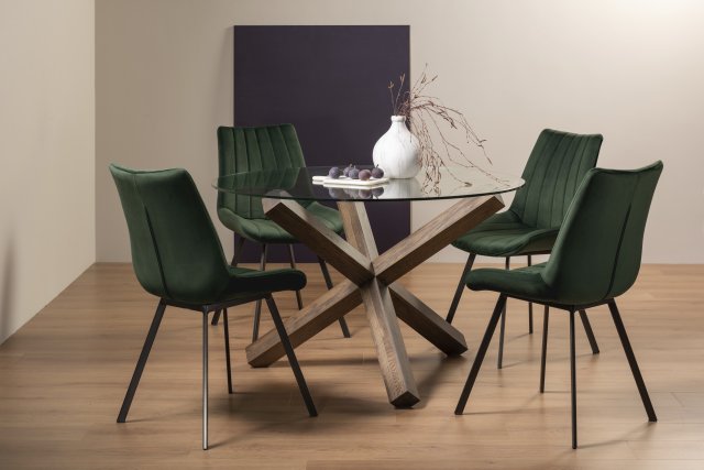 Premier Collection Turin Clear Tempered Glass 4 Seater Dining Table with Dark Oak Legs & 4 Fontana Green Velvet Fabric Chairs with Grey Hand Brushing on Black Powder Coated Legs