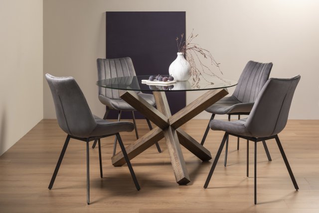 Premier Collection Turin Clear Tempered Glass 4 Seater Dining Table with Dark Oak Legs & 4 Fontana Grey Velvet Fabric Chairs with Grey Hand Brushing on Black Powder Coated Legs