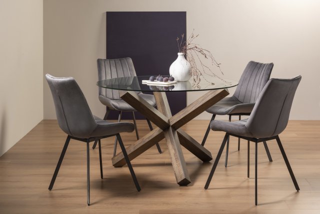 Premier Collection Turin Glass 4 Seater Table - Dark Oak Legs & 4 Fontana Grey Velvet Chairs