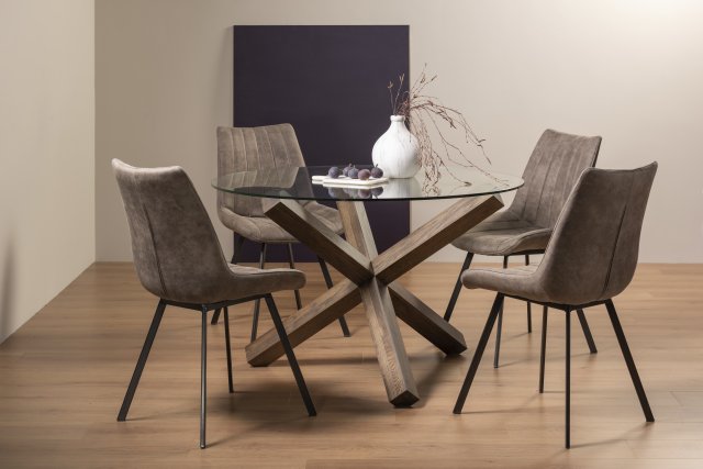 Premier Collection Turin Glass 4 Seater Table - Dark Oak Legs & 4 Fontana Tan Faux Suede Fabric Chairs