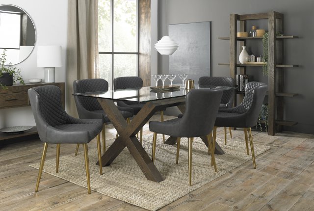 Premier Collection Turin Glass 6 Seater Table - Dark Oak Legs & 6 Cezanne Dark Grey Faux Leather Chairs - Gold Legs