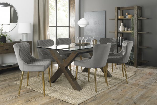 Premier Collection Turin Clear Tempered Glass 6 Seater Dining Table with Dark Oak Legs & 6 Cezanne Grey Velvet Fabric Chairs with Matt Gold Plated Legs