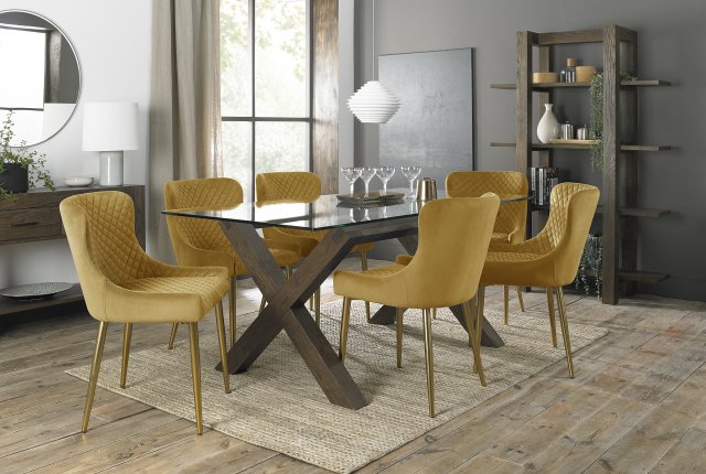 Premier Collection Turin Clear Tempered Glass 6 Seater Dining Table with Dark Oak Legs & 6 Cezanne Mustard Velvet Fabric Chairs with Matt Gold Plated Legs