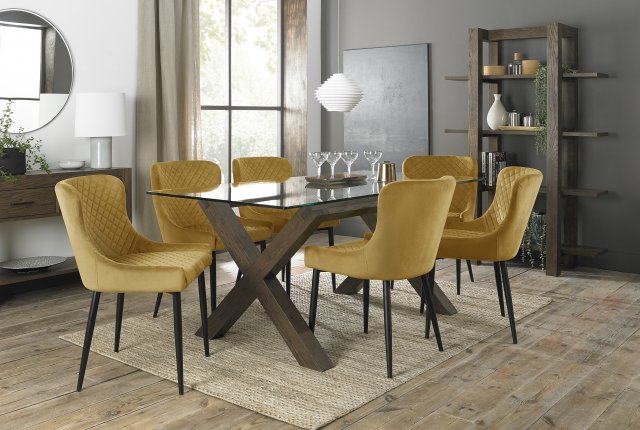 Premier Collection Turin Clear Tempered Glass 6 Seater Dining Table with Dark Oak Legs & 6 Cezanne Mustard Velvet Fabric Chairs with Sand Black Powder Coated Legs