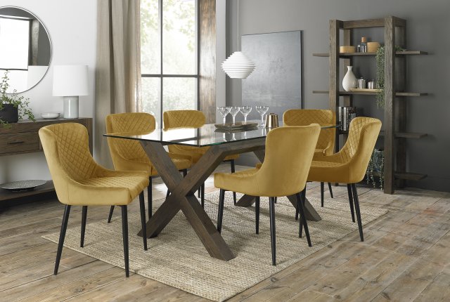 Premier Collection Turin Glass 6 Seater Table - Dark Oak Legs & 6 Cezanne Mustard Velvet Chairs - Black Legs