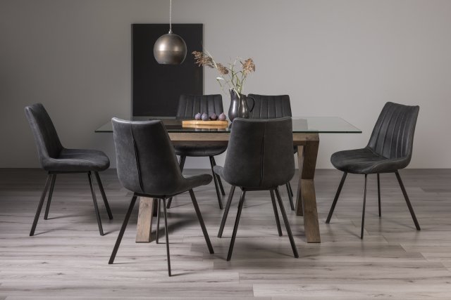Premier Collection Turin Clear Tempered Glass 6 Seater Dining Table with Dark Oak Legs & 6 Fontana Dark Grey Faux Suede Fabric Chairs with Grey Hand Brushing on Black Powder Coated Legs
