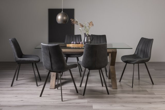 Premier Collection Turin Glass 6 Seater Table - Dark Oak Legs & 6 Fontana Dark Grey Faux Suede Fabric Chairs