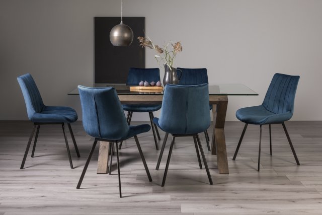 Premier Collection Turin Clear Tempered Glass 6 Seater Dining Table with Dark Oak Legs & 6 Fontana Blue Velvet Fabric Chairs with Grey Hand Brushing on Black Powder Coated Legs