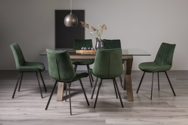 Premier Collection Turin Clear Tempered Glass 6 Seater Dining Table with Dark Oak Legs & 6 Fontana Green Velvet Fabric Chairs with Grey Hand Brushing on Black Powder Coated Legs