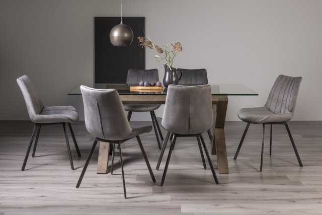 Premier Collection Turin Glass 6 Seater Table - Dark Oak Legs & 6 Fontana Grey Velvet Chairs