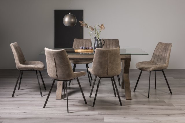 Premier Collection Turin Clear Tempered Glass 6 Seater Dining Table with Dark Oak Legs & 6 Fontana Tan Faux Suede Fabric Chairs with Grey Hand Brushing on Black Powder Coated Legs