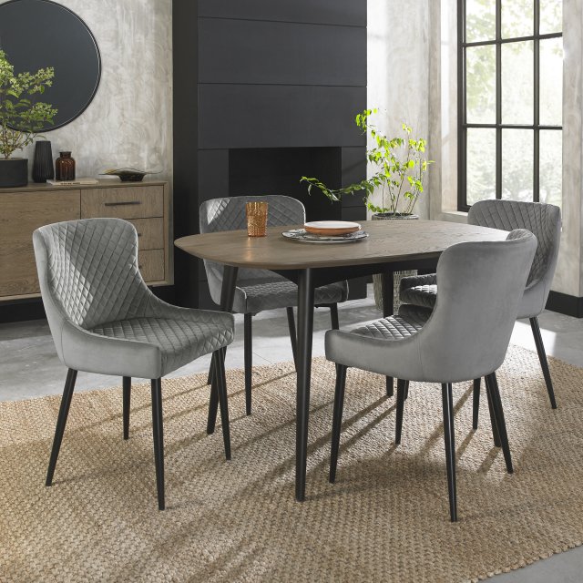 Premier Collection Vintage Weathered Oak 4 Seater Dining Table with Peppercorn Legs & 4 Cezanne Grey Velvet Fabric Chairs with Sand Black Powder Coated Legs