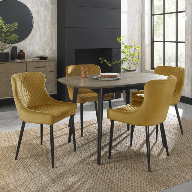 Gallery Collection Vintage Weathered Oak 4 Seater Dining Table with Peppercorn Legs & 4 Cezanne Mustard Velvet Fabric Chairs with Sand Black Powder Coated Legs