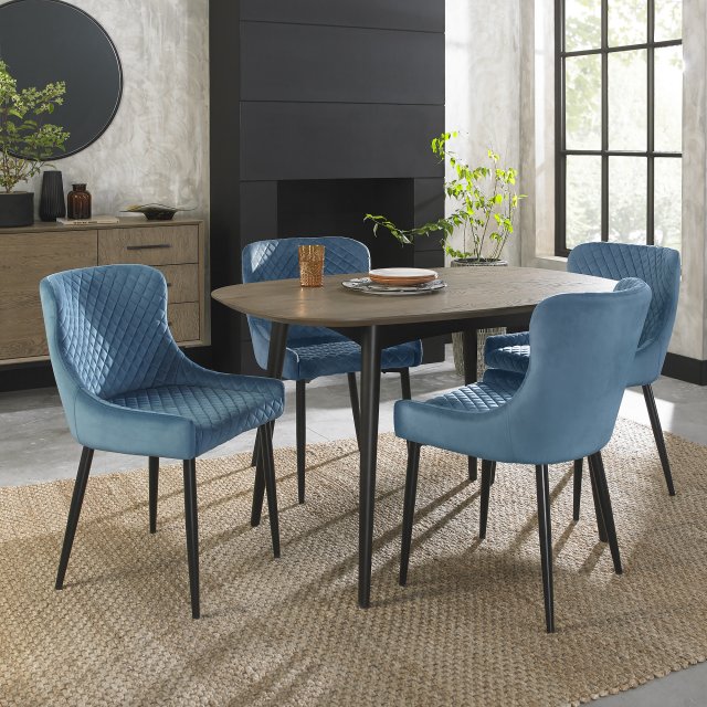 Gallery Collection Vintage Weathered Oak 4 Seater Dining Table with Peppercorn Legs & 4 Cezanne Petrol Blue Velvet Fabric Chairs with Sand Black Powder Coated Legs