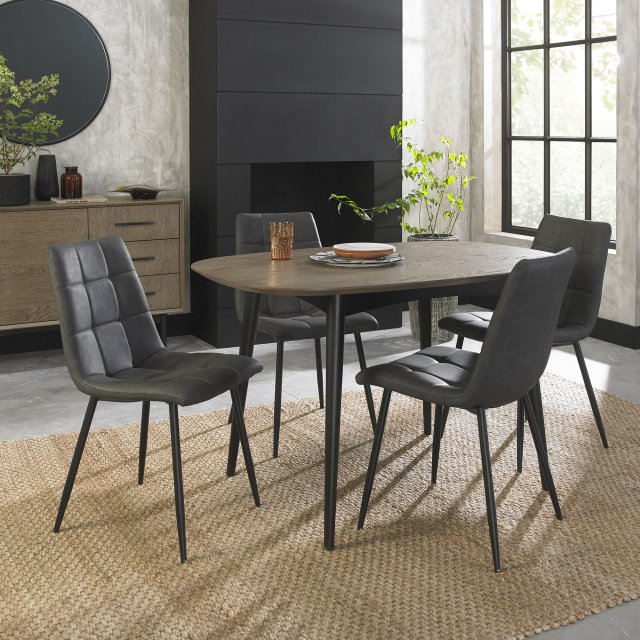 Premier Collection Vintage Weathered Oak 4 Seater Dining Table with Peppercorn Legs & 4 Mondrian Dark Grey Faux Leather Chairs with Sand Black Powder Coated Legs