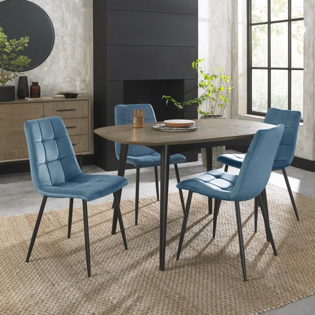 Gallery Collection Vintage Weathered Oak 4 Seater Dining Table with Peppercorn Legs & 4 Mondrian Petrol Blue Velvet Fabric Chairs with Sand Black Powder Coated Legs