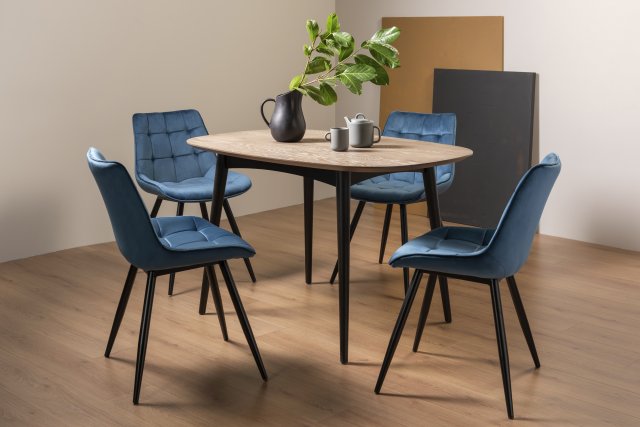 Gallery Collection Vintage Weathered Oak 4 Seater Dining Table with Peppercorn Legs & 4 Seurat Blue Velvet Fabric Chairs with Sand Black Powder Coated Legs