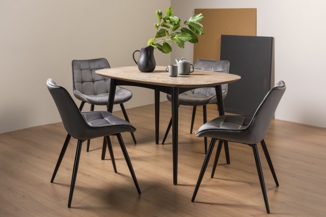 Gallery Collection Vintage Weathered Oak 4 Seater Dining Table with Peppercorn Legs & 4 Seurat Grey Velvet Fabric Chairs with Sand Black Powder Coated Legs