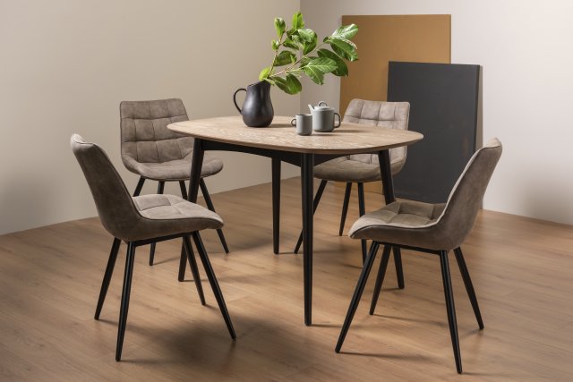 Gallery Collection Vintage Weathered Oak 4 Seater Dining Table with Peppercorn Legs & 4 Seurat Tan Faux Suede Fabric Chairs with Sand Black Powder Coated Legs