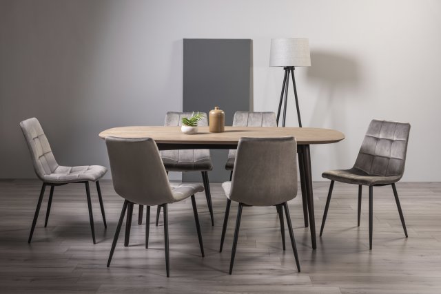 Premier Collection Vintage Weathered Oak 6 Seater Dining Table with Peppercorn Legs & 6 Mondrian Grey Velvet Fabric Chairs with Sand Black Powder Coated Legs