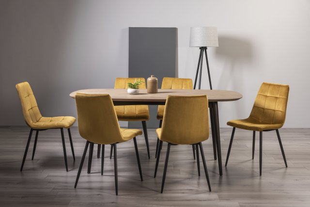 Gallery Collection Vintage Weathered Oak 6 Seater Dining Table with Peppercorn Legs & 6 Mondrian Mustard Velvet Fabric Chairs with Sand Black Powder Coated Legs