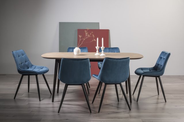 Gallery Collection Vintage Weathered Oak 6 Seater Dining Table with Peppercorn Legs & 6 Seurat Blue Velvet Fabric Chairs with Sand Black Powder Coated Legs