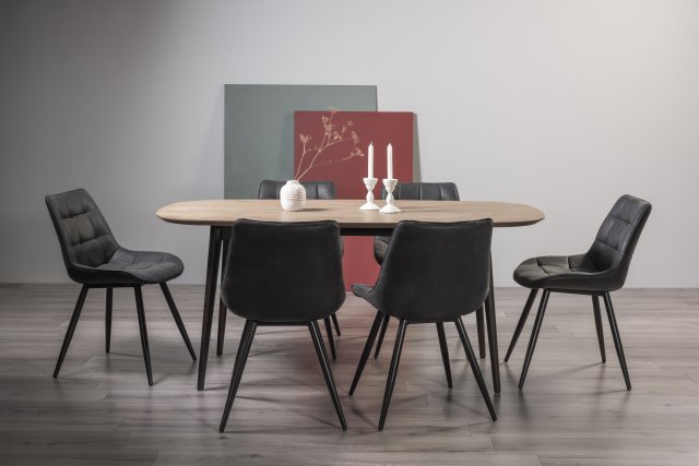 Gallery Collection Vintage Weathered Oak 6 Seater Dining Table with Peppercorn Legs & 6 Seurat Dark Grey Faux Suede Fabric Chairs with Sand Black Powder Coated Legs