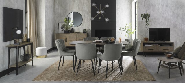 Gallery Collection Vintage Weathered Oak 6-8 Seater Dining Table with Peppercorn Legs & 6 Cezanne Grey Velvet Fabric Chairs with Sand Black Powder Coated Legs