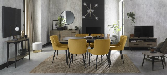 Gallery Collection Vintage Weathered Oak 6-8 Seater Dining Table with Peppercorn Legs & 6 Cezanne Mustard Velvet Fabric Chairs with Sand Black Powder Coated Legs