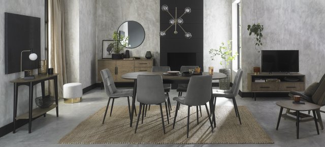 Gallery Collection Vintage Weathered Oak 6-8 Seater Dining Table with Peppercorn Legs & 6 Mondrian Grey Velvet Fabric Chairs with Sand Black Powder Coated Legs