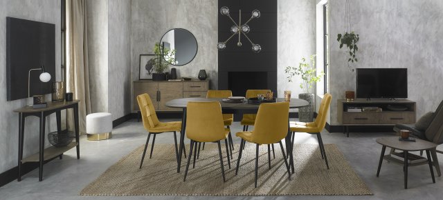 Gallery Collection Vintage Weathered Oak 6-8 Seater Dining Table with Peppercorn Legs & 6 Mondrian Mustard Velvet Fabric Chairs with Sand Black Powder Coated Legs