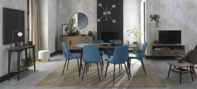 Gallery Collection Vintage Weathered Oak 6-8 Seater Dining Table with Peppercorn Legs & 6 Mondrian Petrol Blue Velvet Fabric Chairs with Sand Black Powder Coated Legs