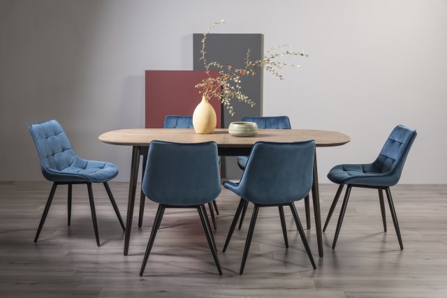 Gallery Collection Vintage Weathered Oak 6-8 Seater Dining Table with Peppercorn Legs & 6 Seurat Blue Velvet Fabric Chairs with Sand Black Powder Coated Legs