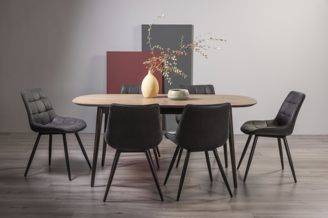 Gallery Collection Vintage Weathered Oak 6-8 Seater Dining Table with Peppercorn Legs & 6 Seurat Dark Grey Faux Suede Fabric Chairs with Sand Black Powder Coated Legs