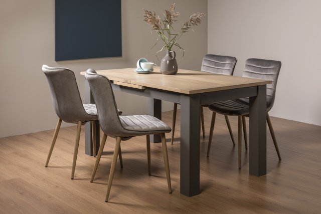 Premier Collection Oakham Scandi Oak 4-6 Seater Dining Table with Dark Grey Legs & 4 Eriksen Grey Velvet Fabric Chairs with Grey Rustic Oak Effect Legs