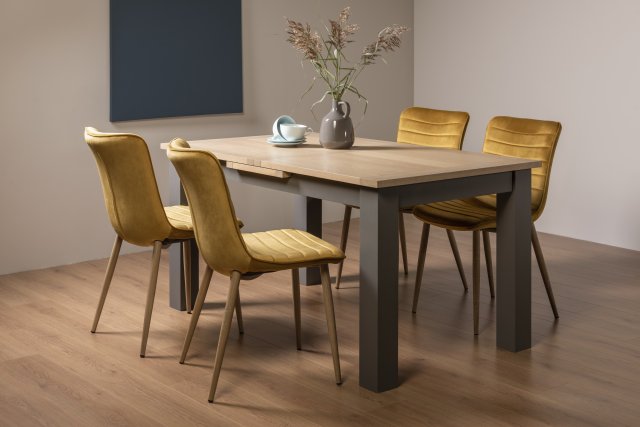 Premier Collection Oakham Scandi Oak 4-6 Seater Table - Dark Grey Legs & 4 Eriksen Mustard Velvet Chairs