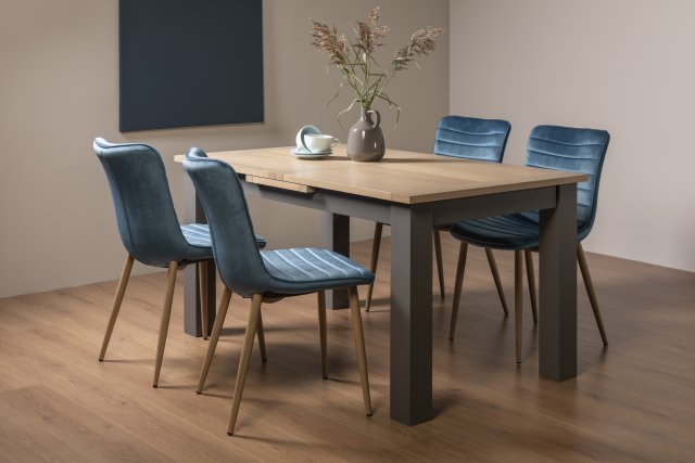Premier Collection Oakham Scandi Oak 4-6 Seater Dining Table with Dark Grey Legs & 4 Eriksen Petrol Blue Velvet Fabric Chairs with Grey Rustic Oak Effect Legs
