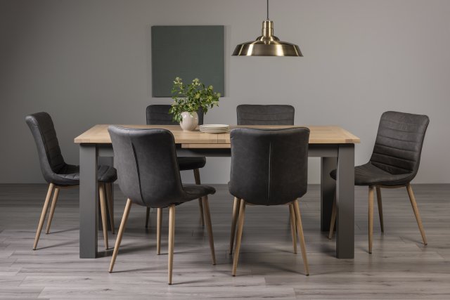 Premier Collection Oakham Scandi Oak 6-8 Seater Table - Dark Grey Legs & 6 Eriksen Dark Grey Faux Leather Chairs