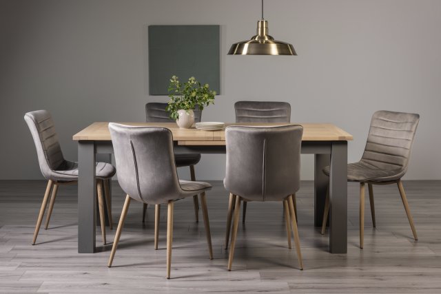 Premier Collection Oakham Scandi Oak 6-8 Seater Table - Dark Grey Legs & 6 Eriksen Grey Velvet Chairs