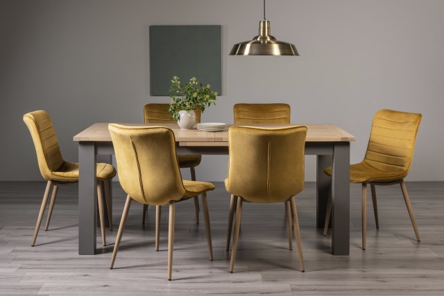 Premier Collection Oakham Scandi Oak 6-8 Seater Dining Table with Dark Grey Legs & 6 Eriksen Mustard Velvet Fabric Chairs with Grey Rustic Oak Effect Legs