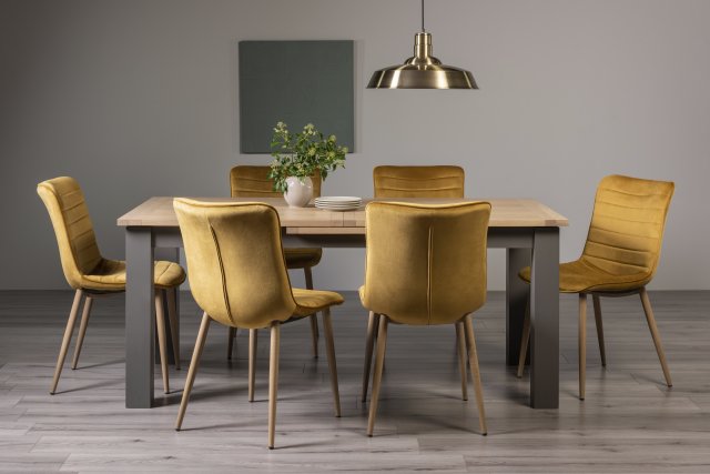 Premier Collection Oakham Scandi Oak 6-8 Seater Table - Dark Grey Legs & 6 Eriksen Mustard Velvet Chairs