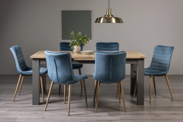 Premier Collection Oakham Scandi Oak 6-8 Seater Dining Table with Dark Grey Legs & 6 Eriksen Petrol Blue Velvet Fabric Chairs with Grey Rustic Oak Effect Legs
