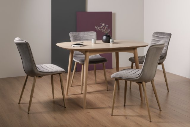 Gallery Collection Dansk Scandi Oak 4 Seater Dining Table & 4 Eriksen Grey Velvet Fabric Chairs with Grey Rustic Oak Effect Legs