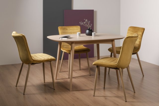 Gallery Collection Dansk Scandi Oak 4 Seater Dining Table & 4 Eriksen Mustard Velvet Fabric Chairs with Grey Rustic Oak Effect Legs